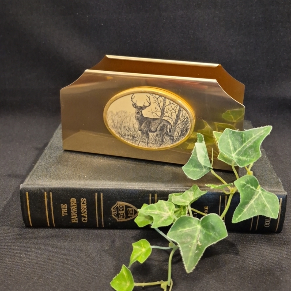 Vintage Barlow Brass Faux Scrimshaw Deer Stag Letter Holder